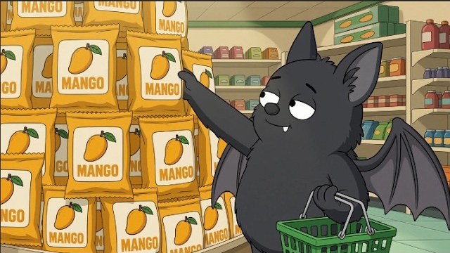 Barry the bat in a grocery aisle, reaching for a stack of mango bags