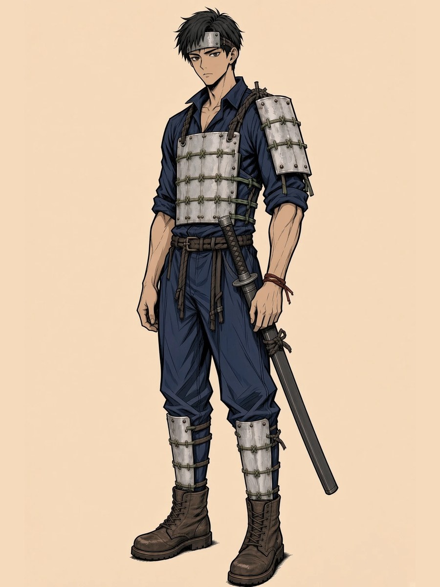 Ao, short black hair, steel brow plate, katana, bone-white plates laced in brass-green