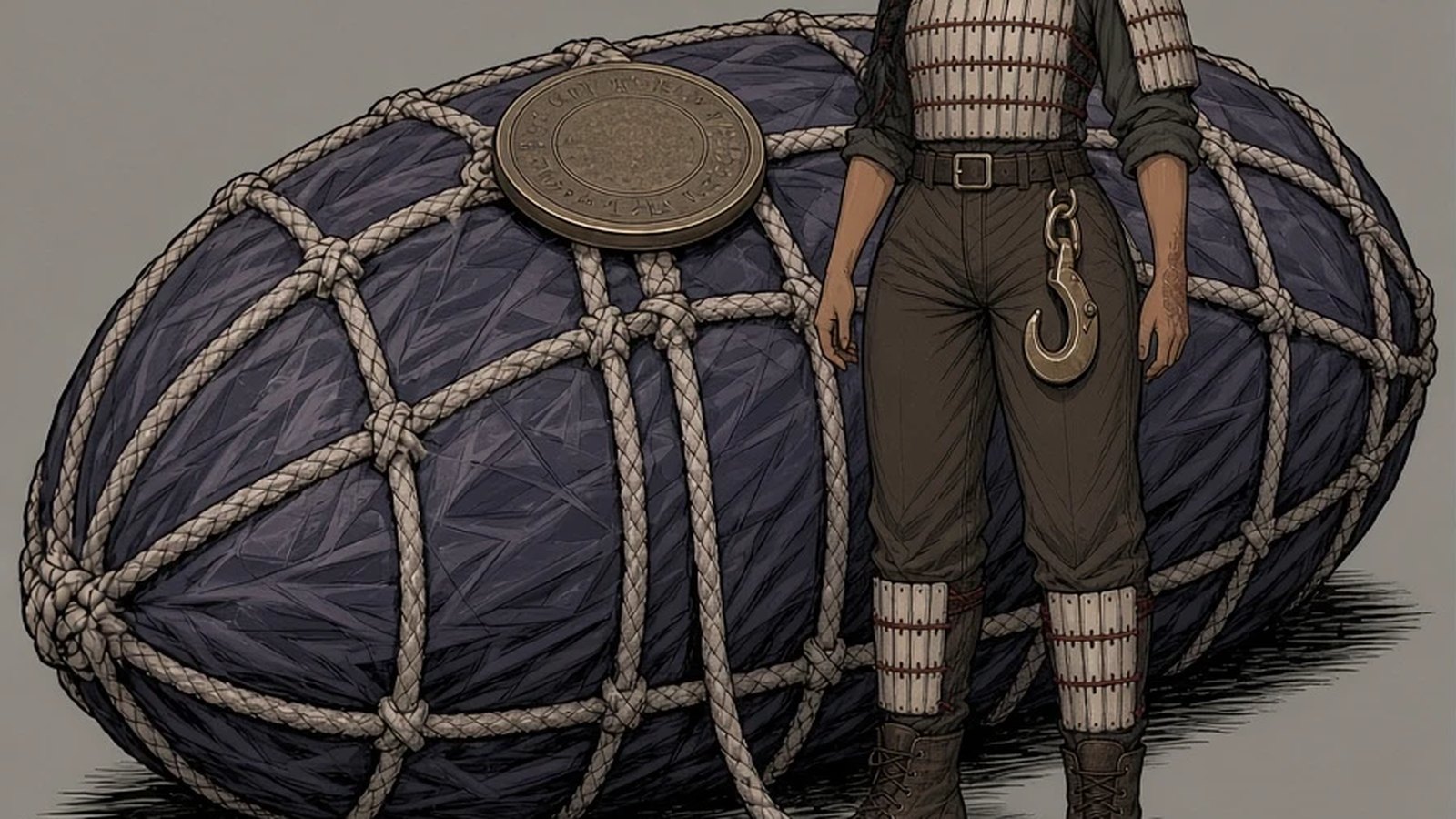 Shio beside the netted cargo, the brass seal on top