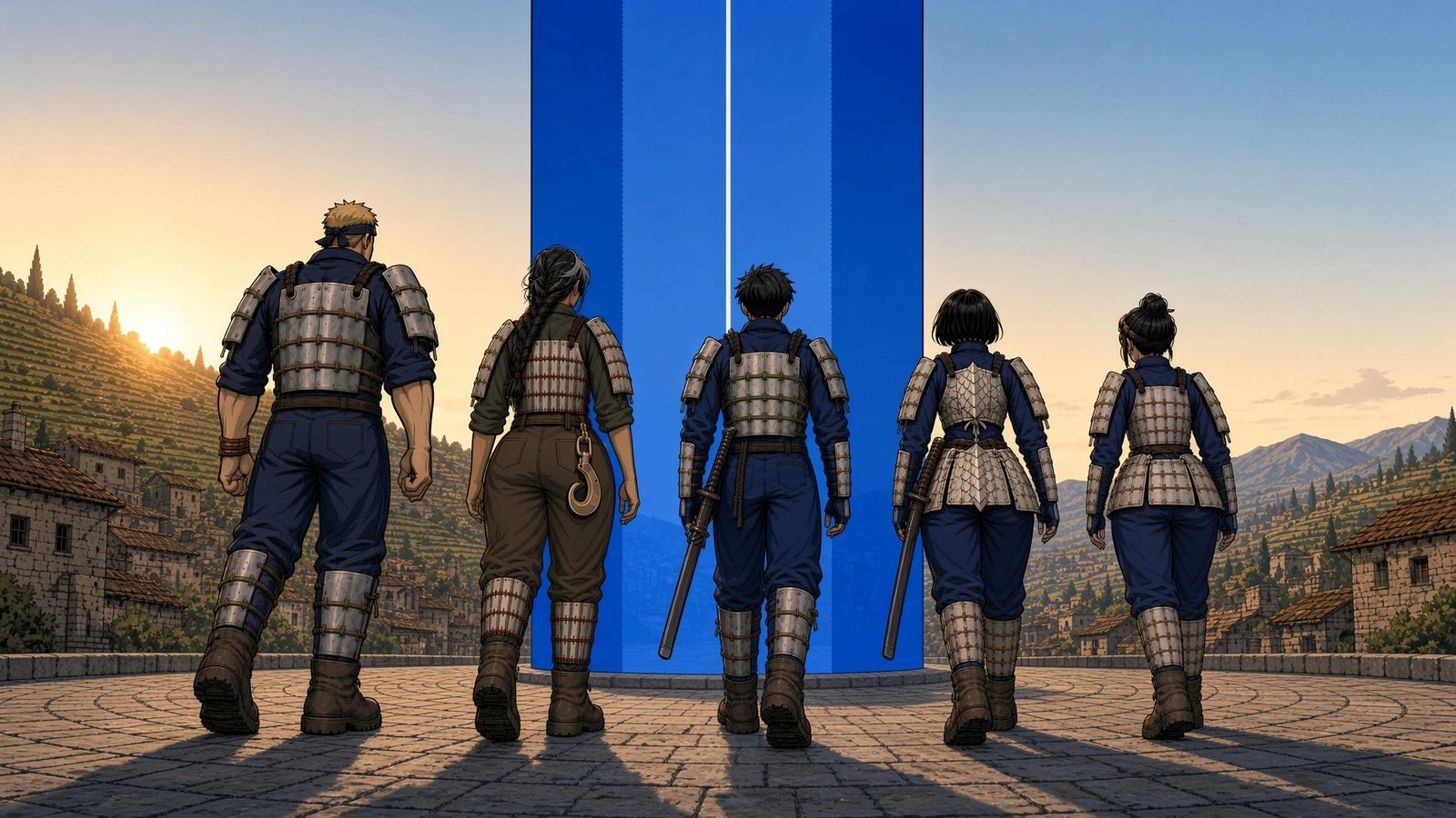 Gin, Shio, Ao, Tsubaki, and Nagi walking up to the blue gate