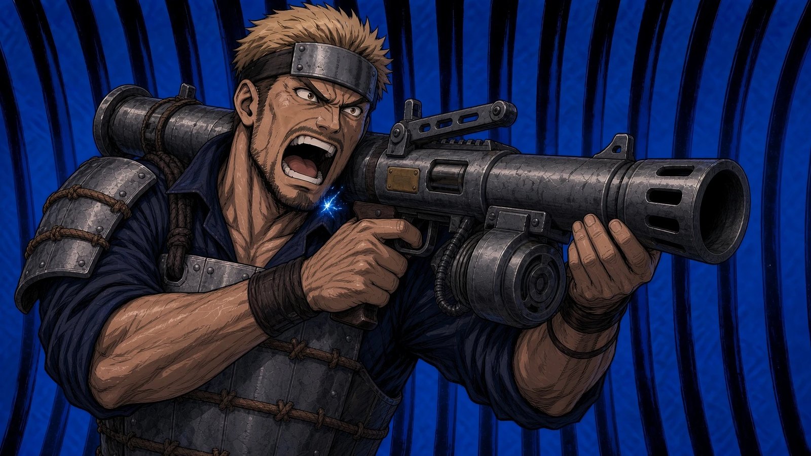 Gin shouting, the harpoon launcher on his shoulder