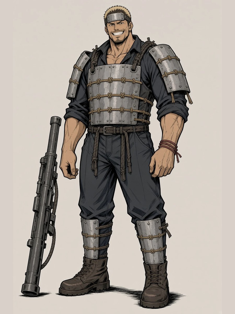 Gin, blond, iron plates, harpoon launcher at his side