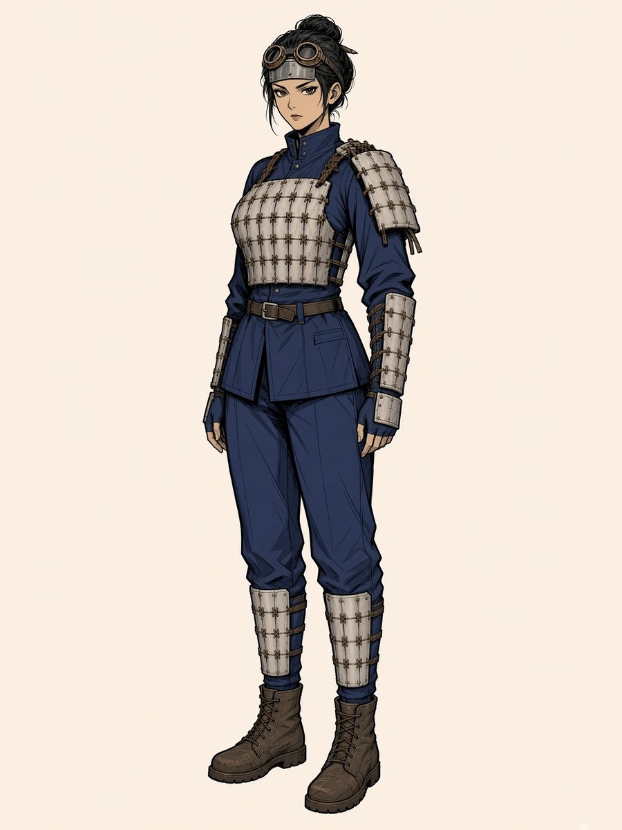 Nagi, hair in a bun, brass goggles on the brow plate
