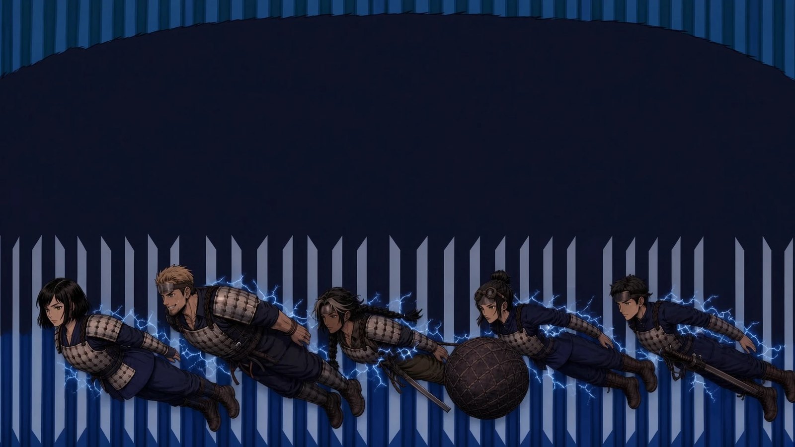 Five riders under a vast dark shape above the Line