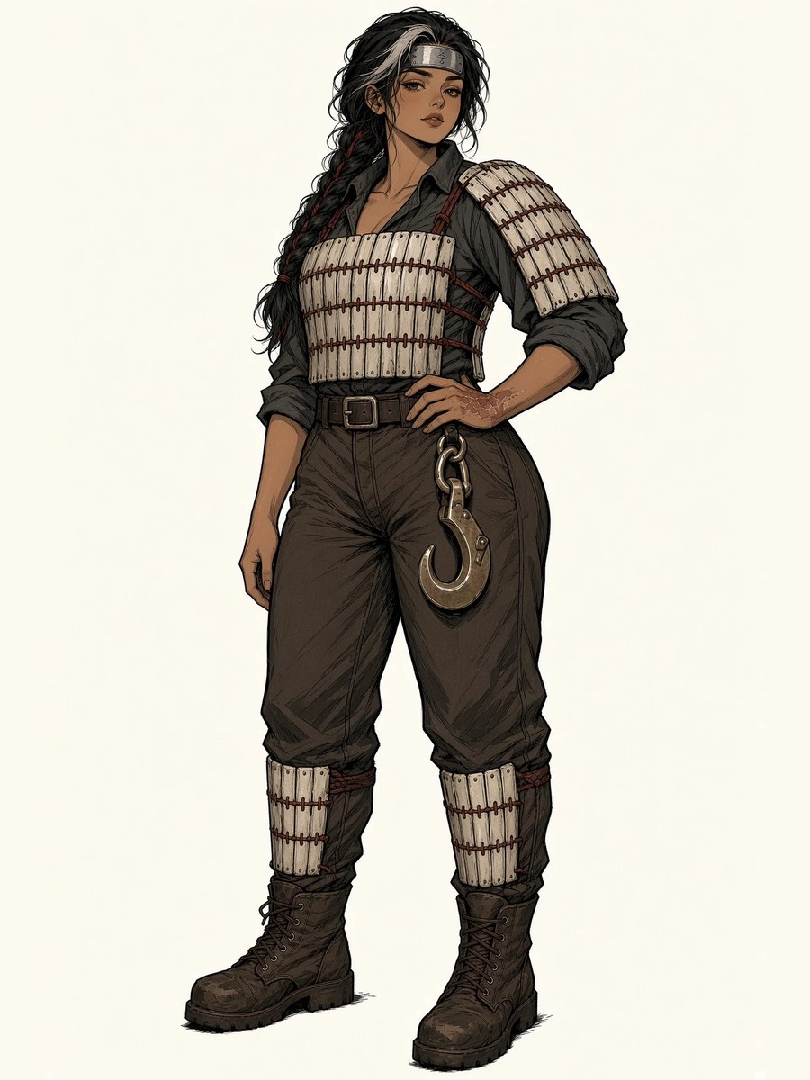 Shio, long braid with a white streak, brass cargo hook