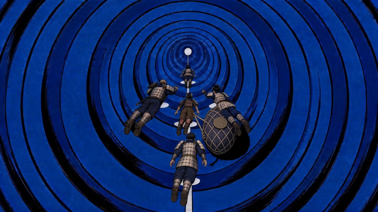 The crew flying the span, cargo in the diamond, rings overhead