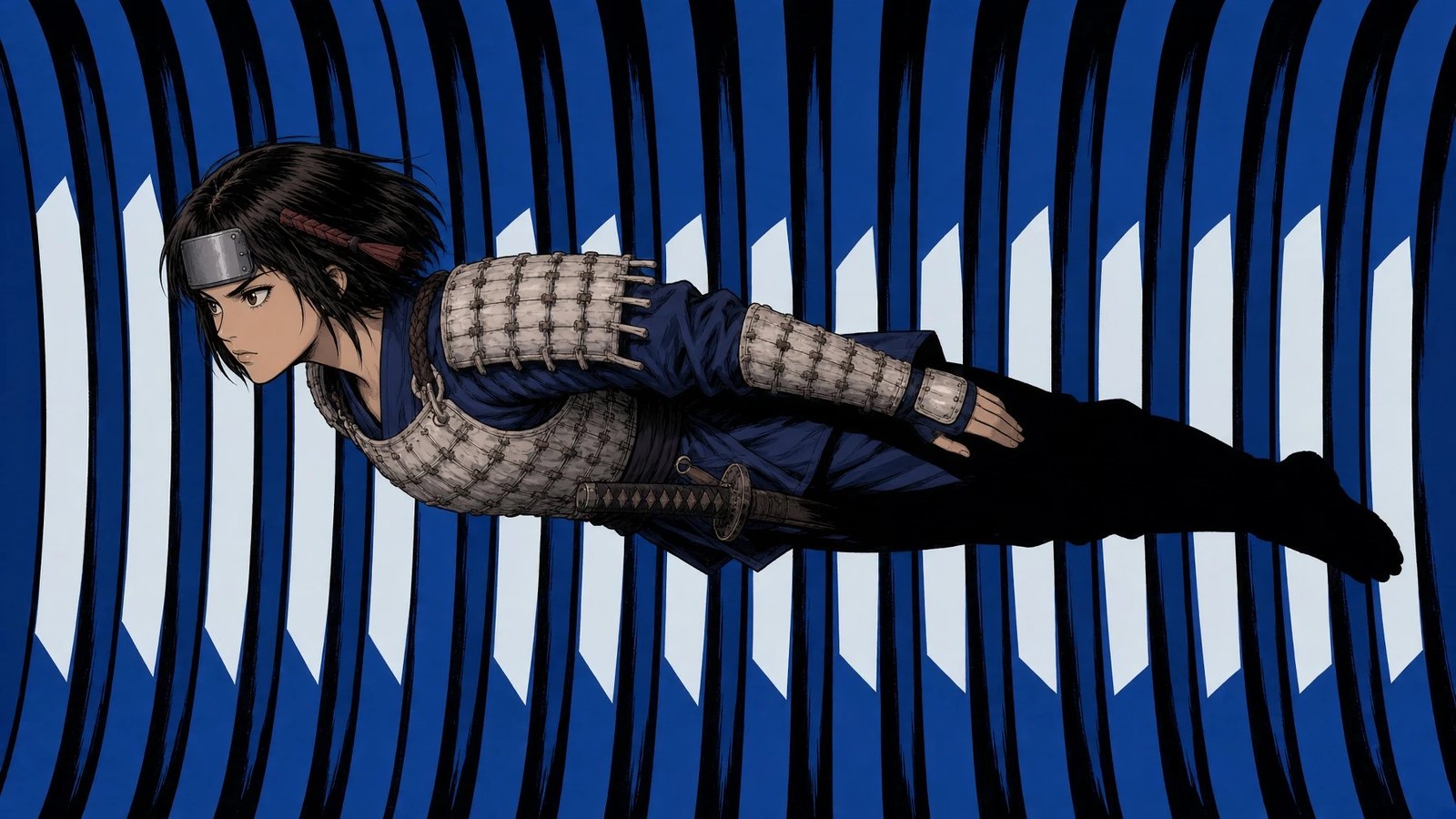 Tsubaki flying the blue span, katana at her hip