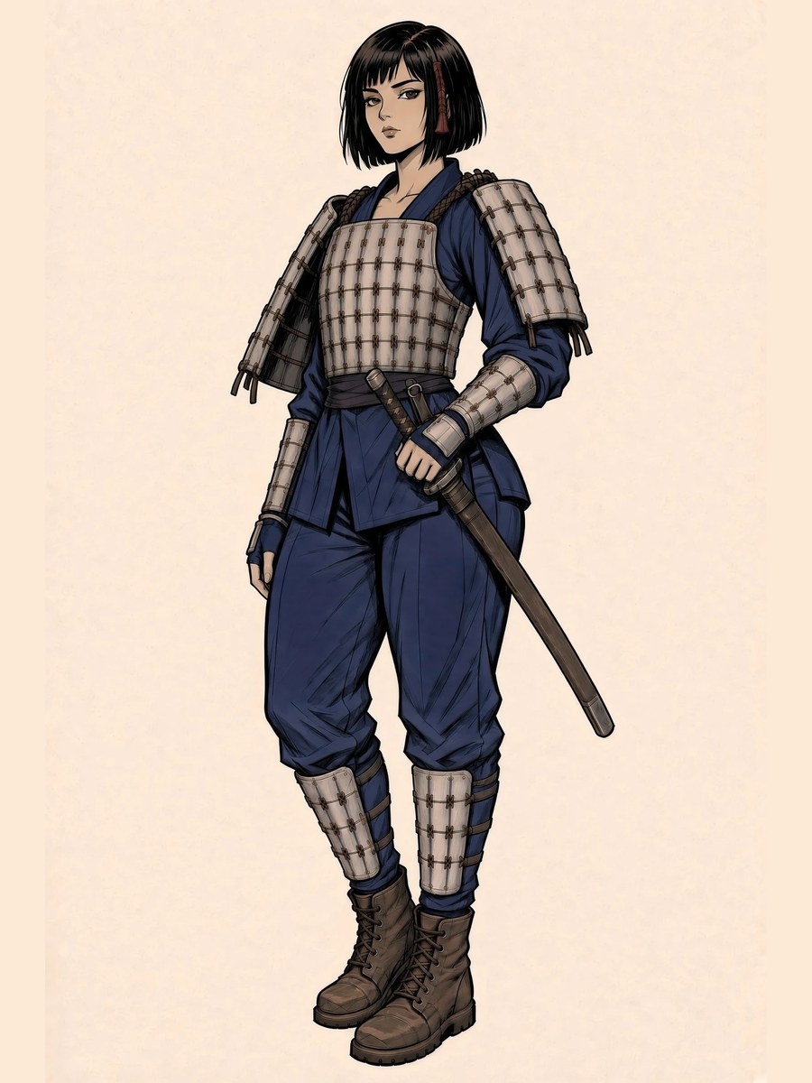 Tsubaki, black bob, red cord, bone-white plates, katana