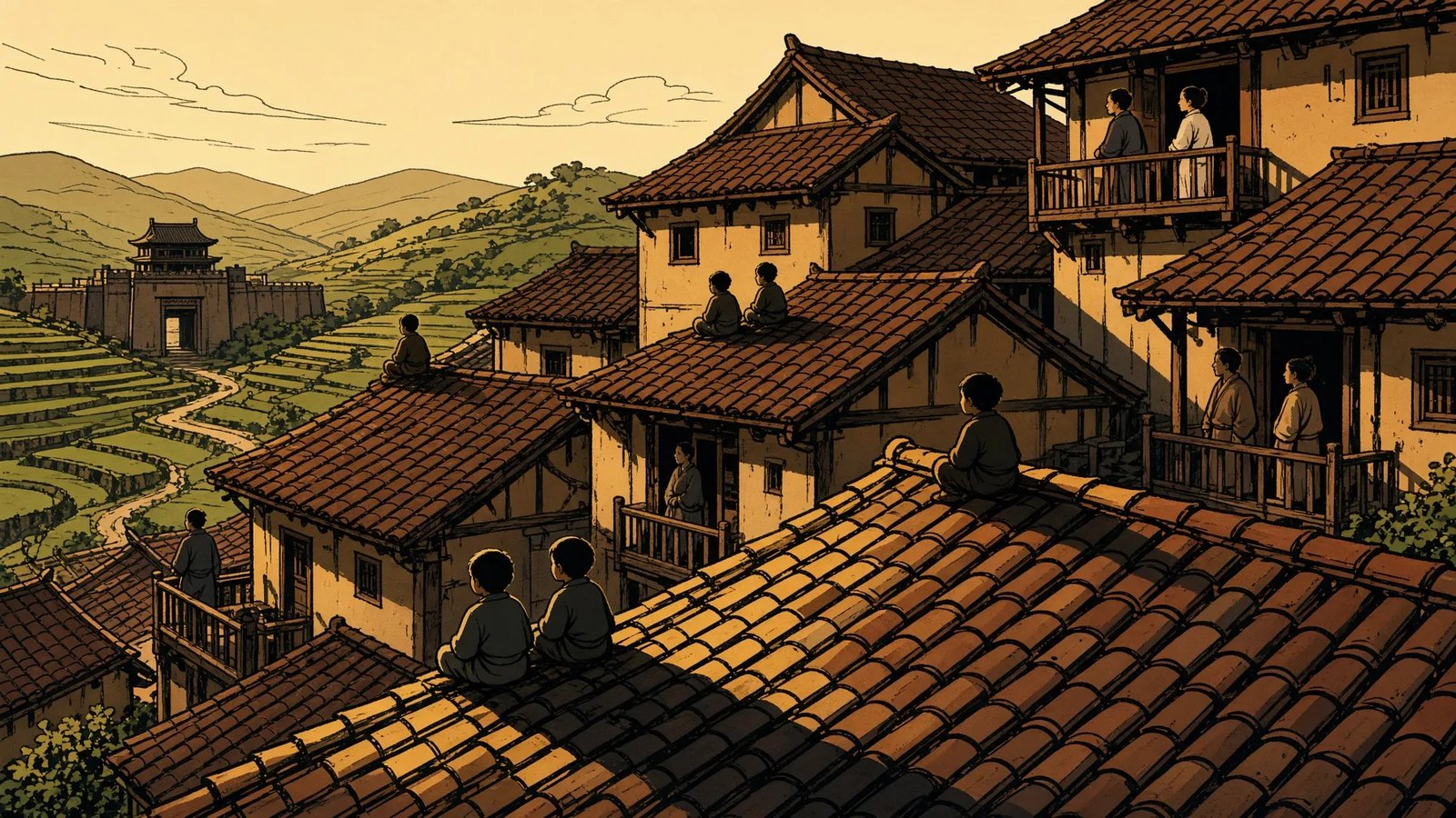 The village of Kareha, children on the tile roofs