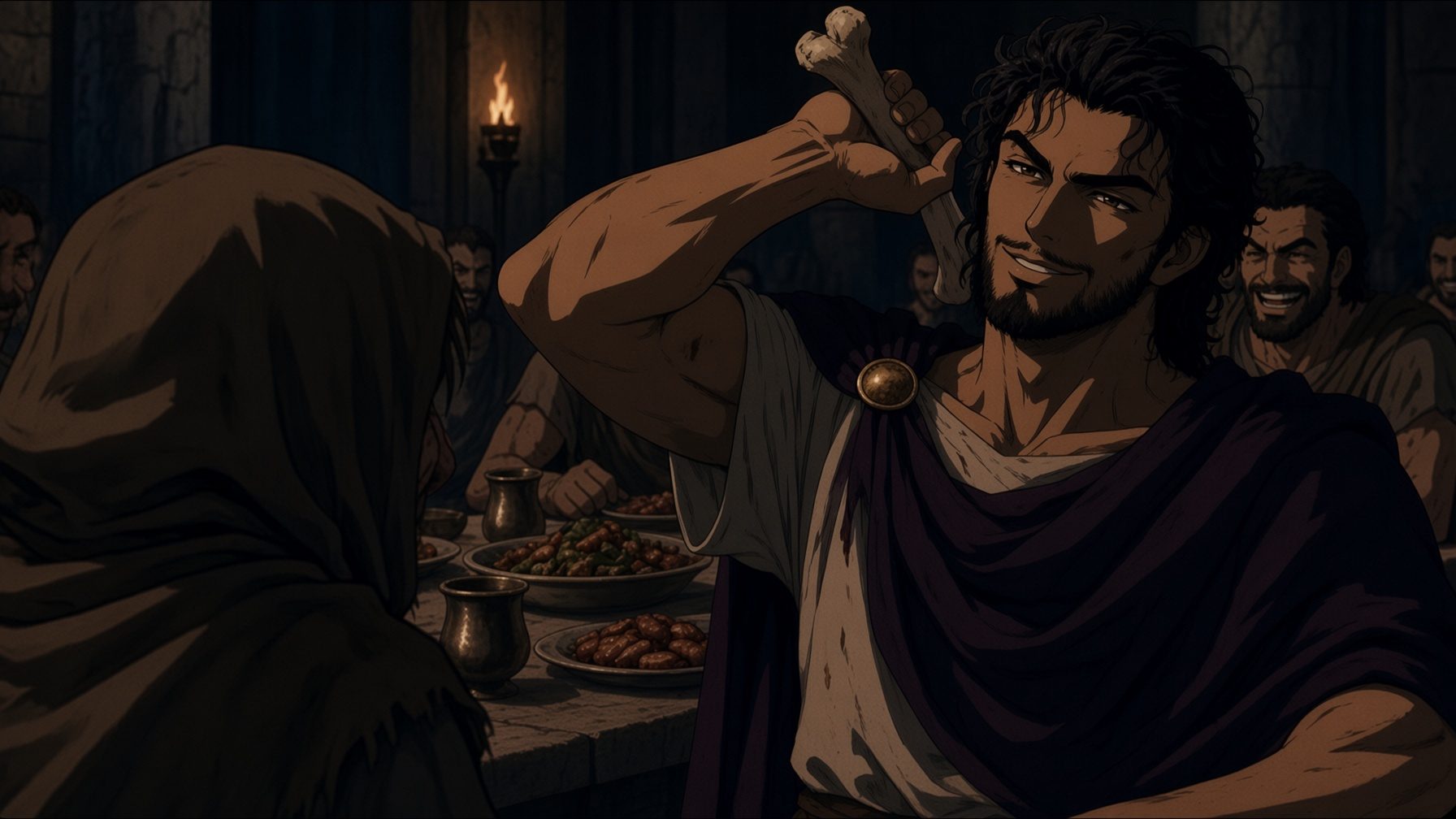 A suitor at the table offering scraps to the beggar