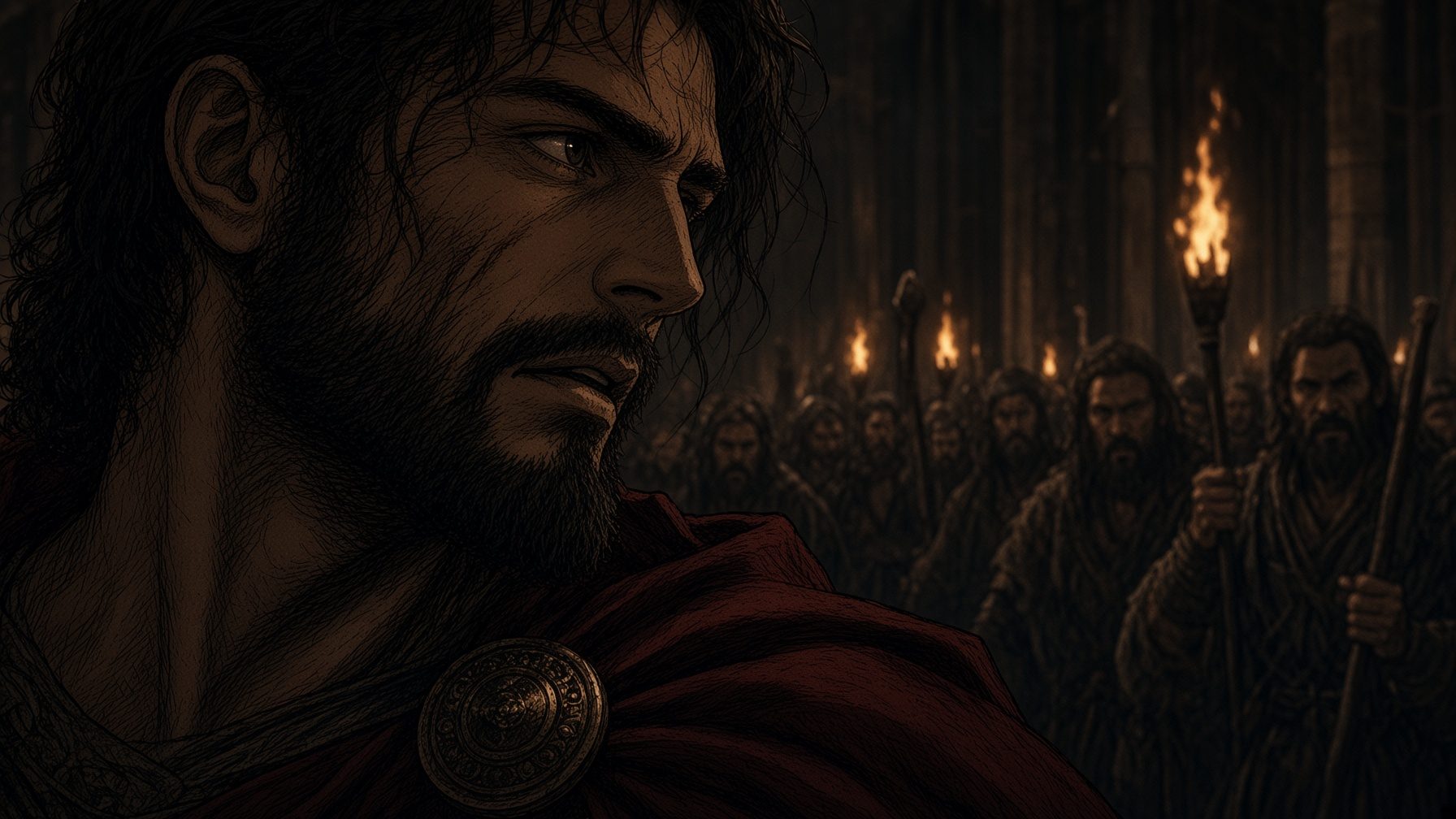 Odysseus looking into the hall with shock and fury