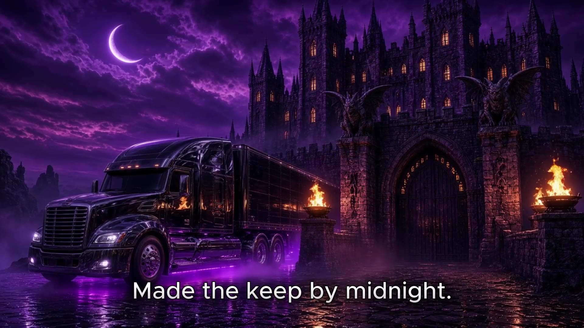 The Purple Keep at synthwave dusk, with cyan and orange cargo bags along the road