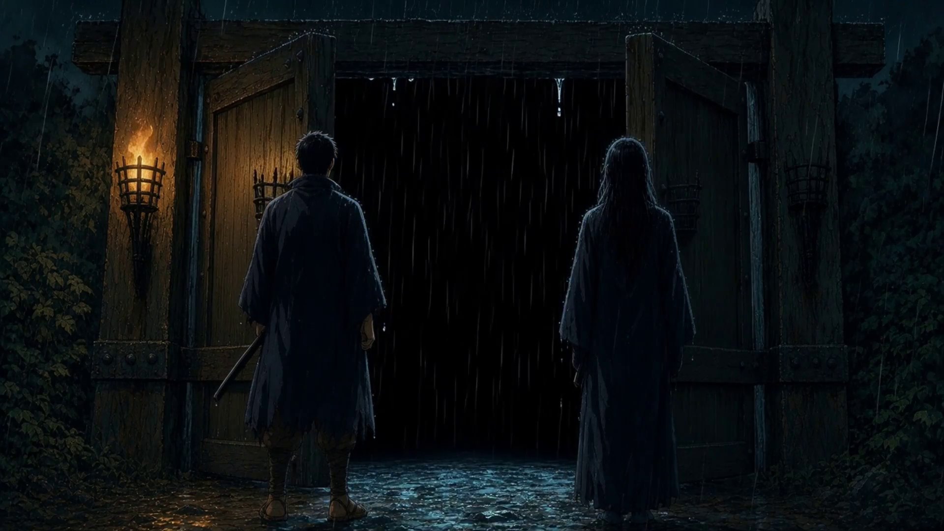 Iori and Shizuka at the shut timber gates of a mountain manor, one torch in the rain