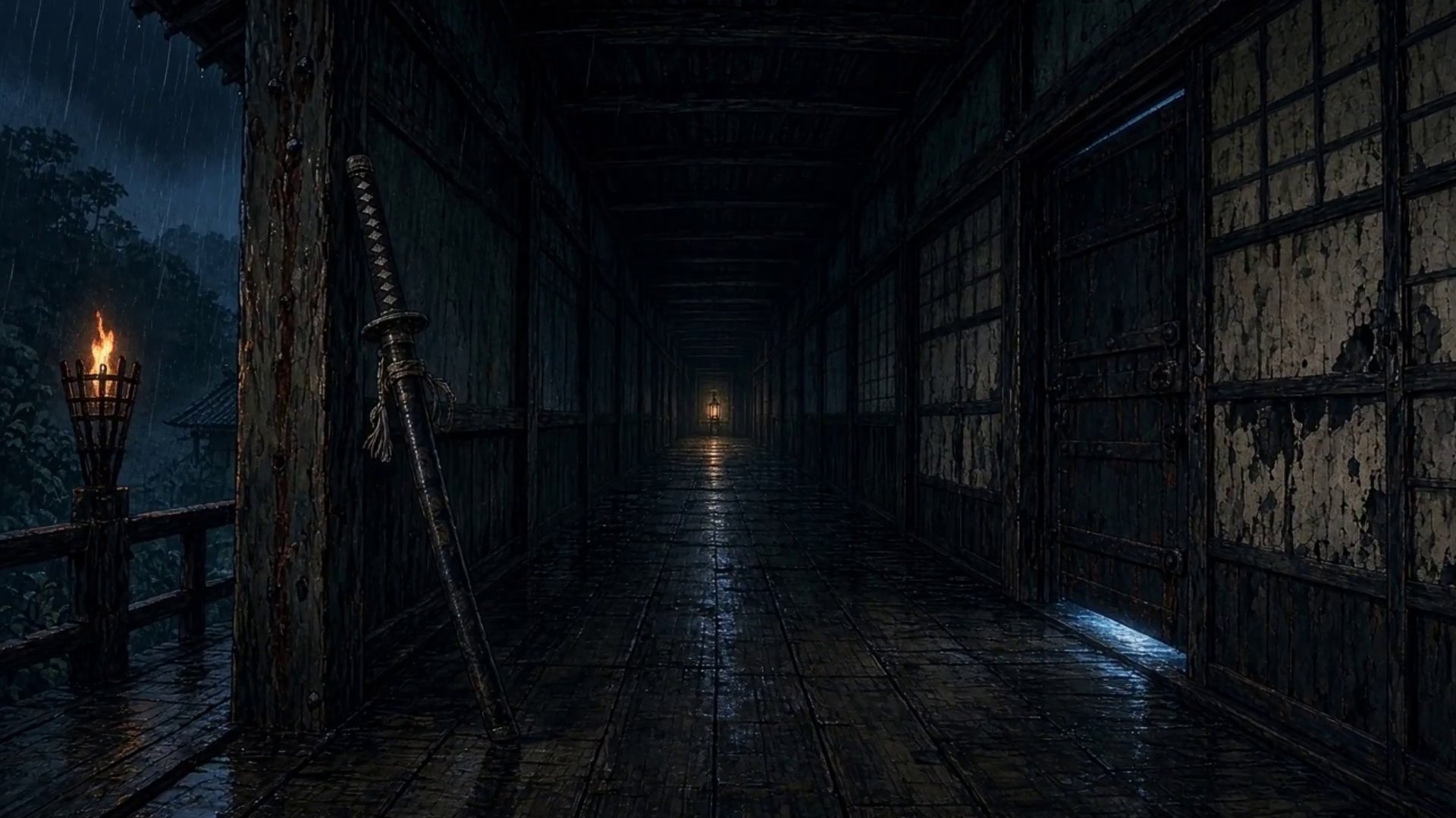 An empty wet corridor with a katana leaning against a post and nobody near it