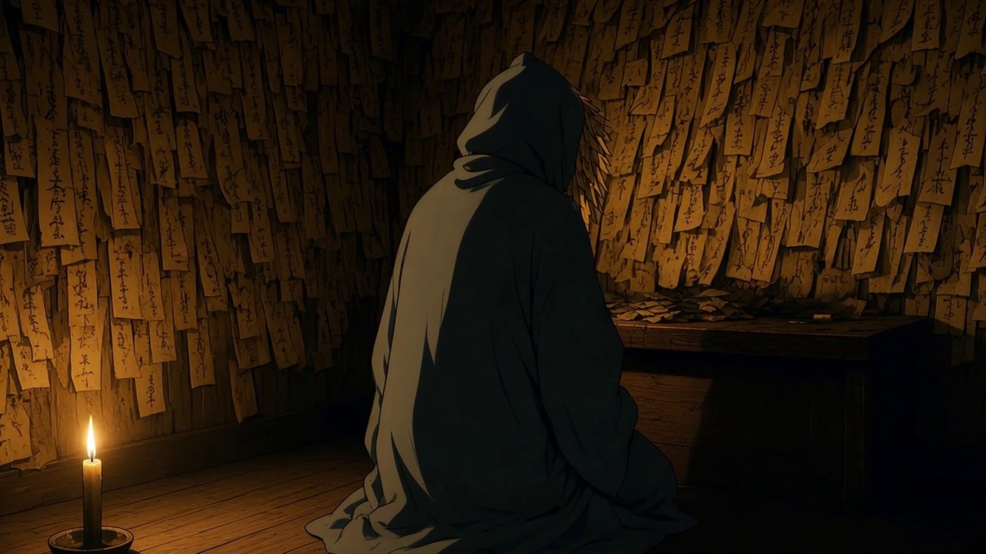 A priest at an altar in a chapel whose walls are papered with hundreds of old seals
