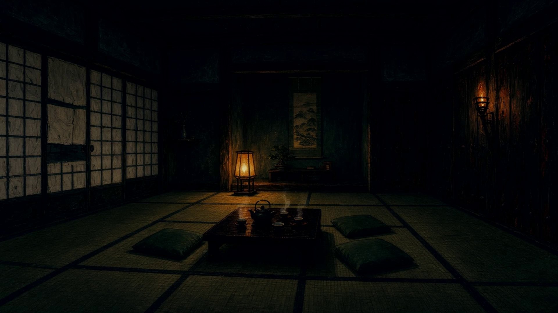An empty tatami tea room, three cups steaming, nobody in the room