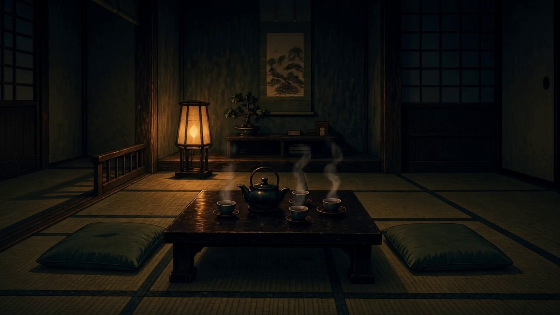 The Lord of the manor, dry in a black kimono, sitting by a lantern