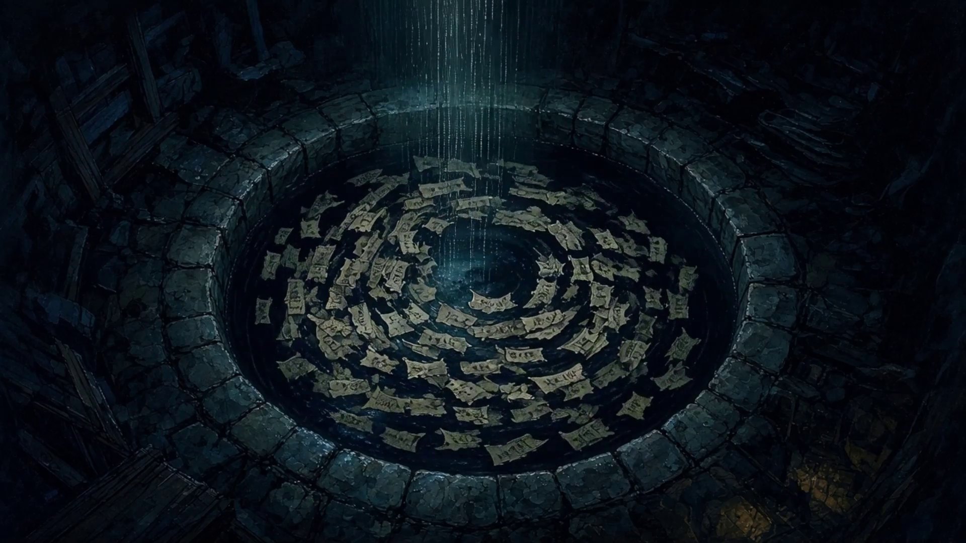 Looking down a stone well filled with swirling paper seals