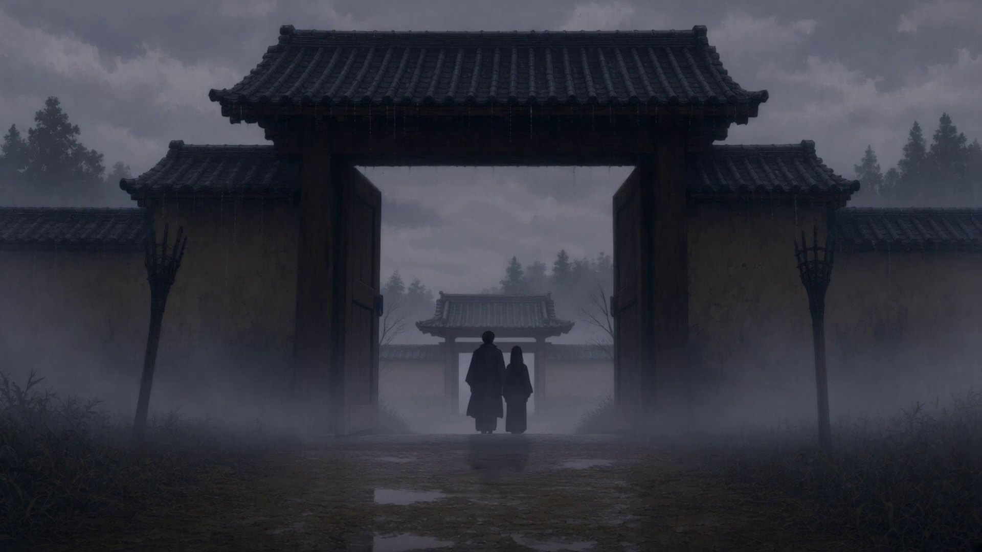 The manor gate at dawn, two figures walking away in the mist