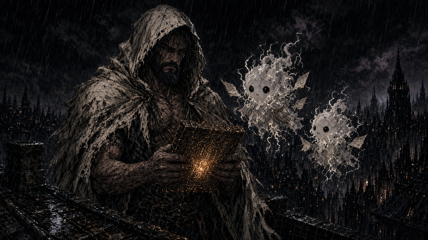 The same warrior on a rain rooftop with ledger spirits in the dark