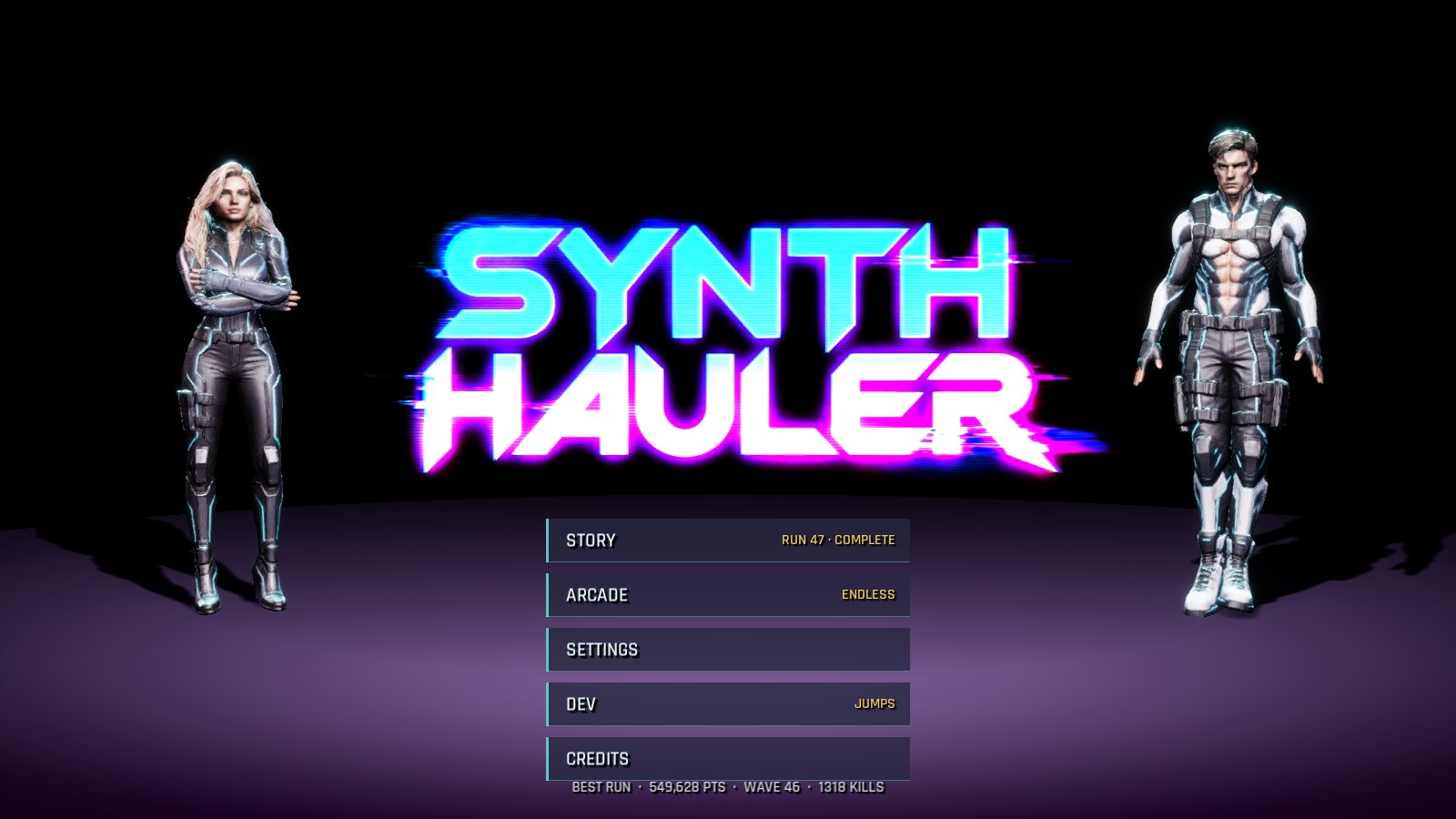 Nyx and Trent flank the SYNTH HAULER logo on the title stage