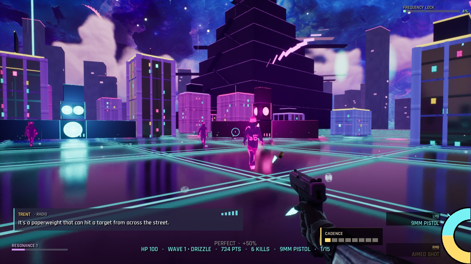 A huge black stepped ziggurat over a neon street as magenta zombies approach