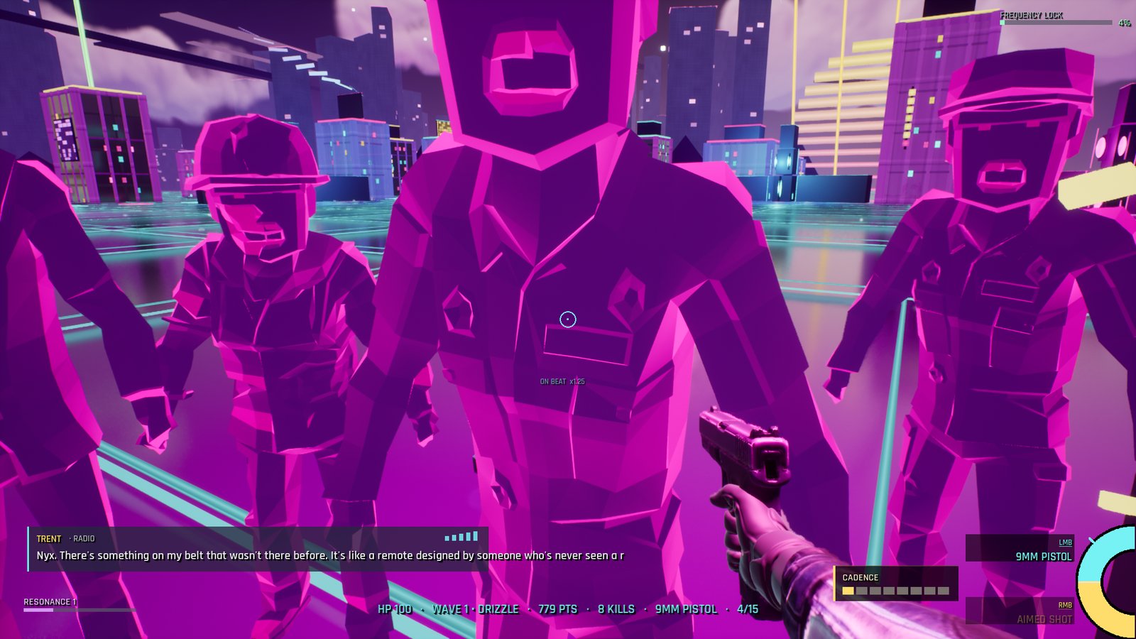 Low-poly, hot-magenta zombies in work clothes and caps crowd the camera with their mouths open; a small "ON BEAT x1.25" marker sits on the nearest one.
