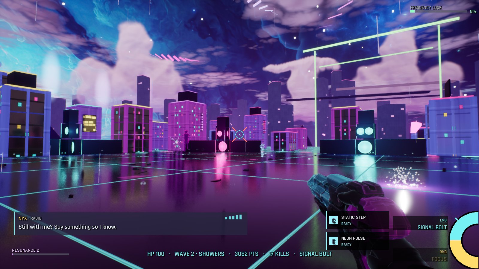 Pink-lit storm clouds tower over a skyline of violet neon buildings and speaker stacks on a wet grid street; the player holds the Signal Bolt, a faceted, cyan-tinted energy pistol.