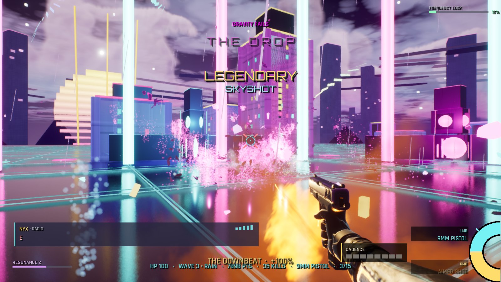 A zombie bursts into a cloud of pink shards between glowing white pillars while the screen announces GRAVITY FAILS, THE DROP and LEGENDARY SKYSHOT; the pistol's muzzle flash lights the wet floor orange.