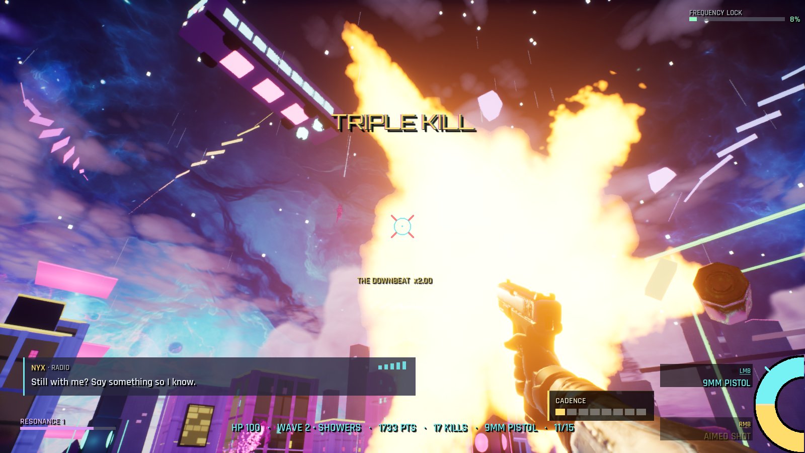Looking up at a flying neon bus against a nebula sky as a huge fireball erupts beneath it; on-screen text reads TRIPLE KILL and THE DOWNBEAT x2.00.