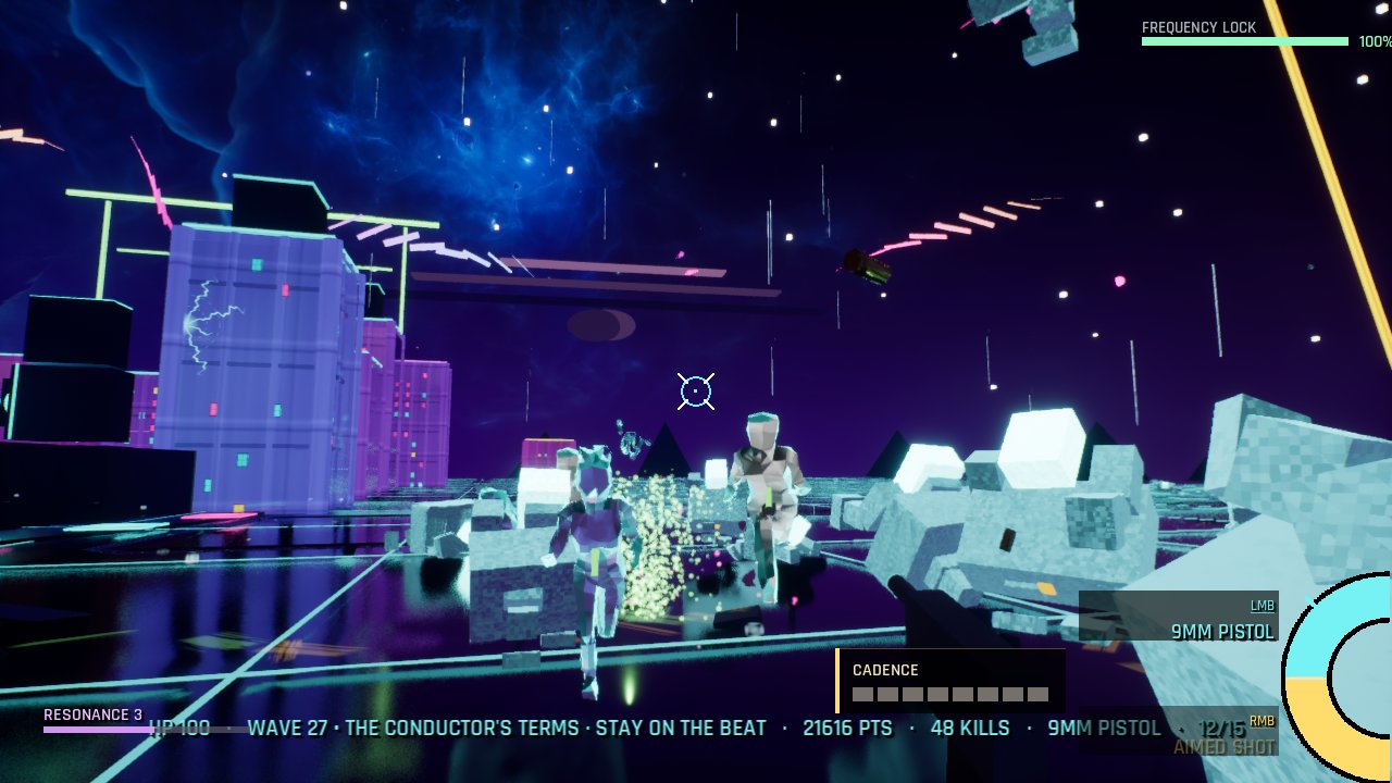 Blocky enemies charge through a heap of pale fallen bricks on a neon street under a starry sky; the HUD line reads WAVE 27 · THE CONDUCTOR'S TERMS · STAY ON THE BEAT.