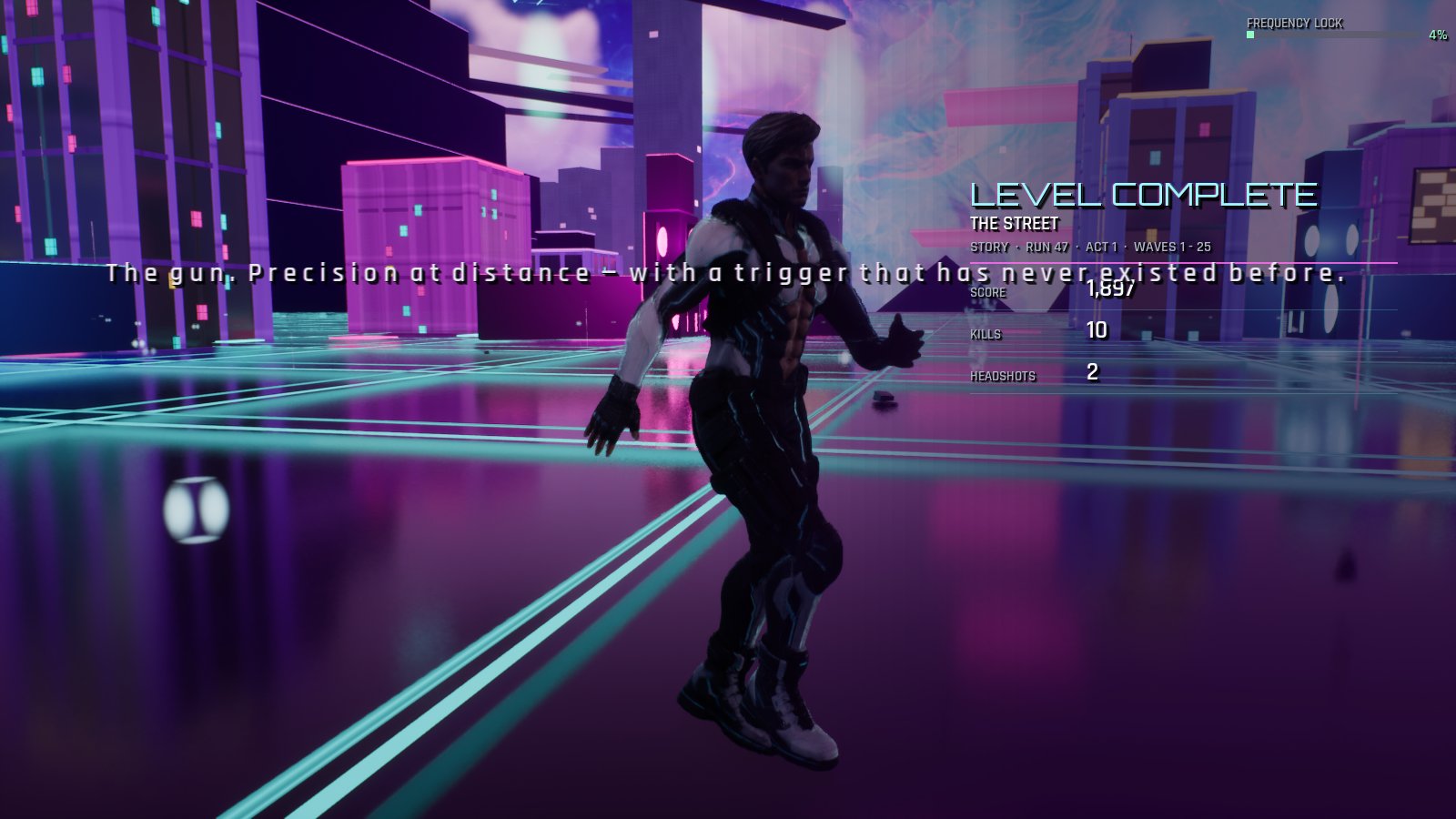 Trent, seen in third person in a black-and-white suit, dances on the reflective neon street beside a LEVEL COMPLETE panel for THE STREET, Act 1, waves 1–25, with score, kills and headshots.