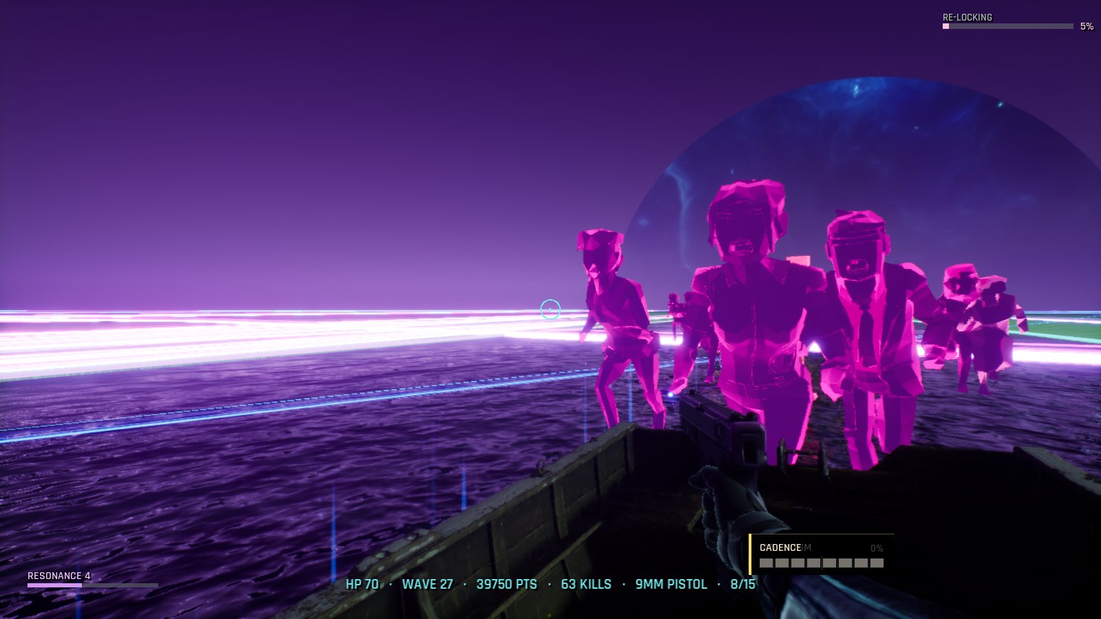 First-person view from the bow of a wooden boat on choppy violet water as a pack of magenta zombies crowds the bow, with a bright magenta neon horizon to the left and a dark blue nebula dome to the right.