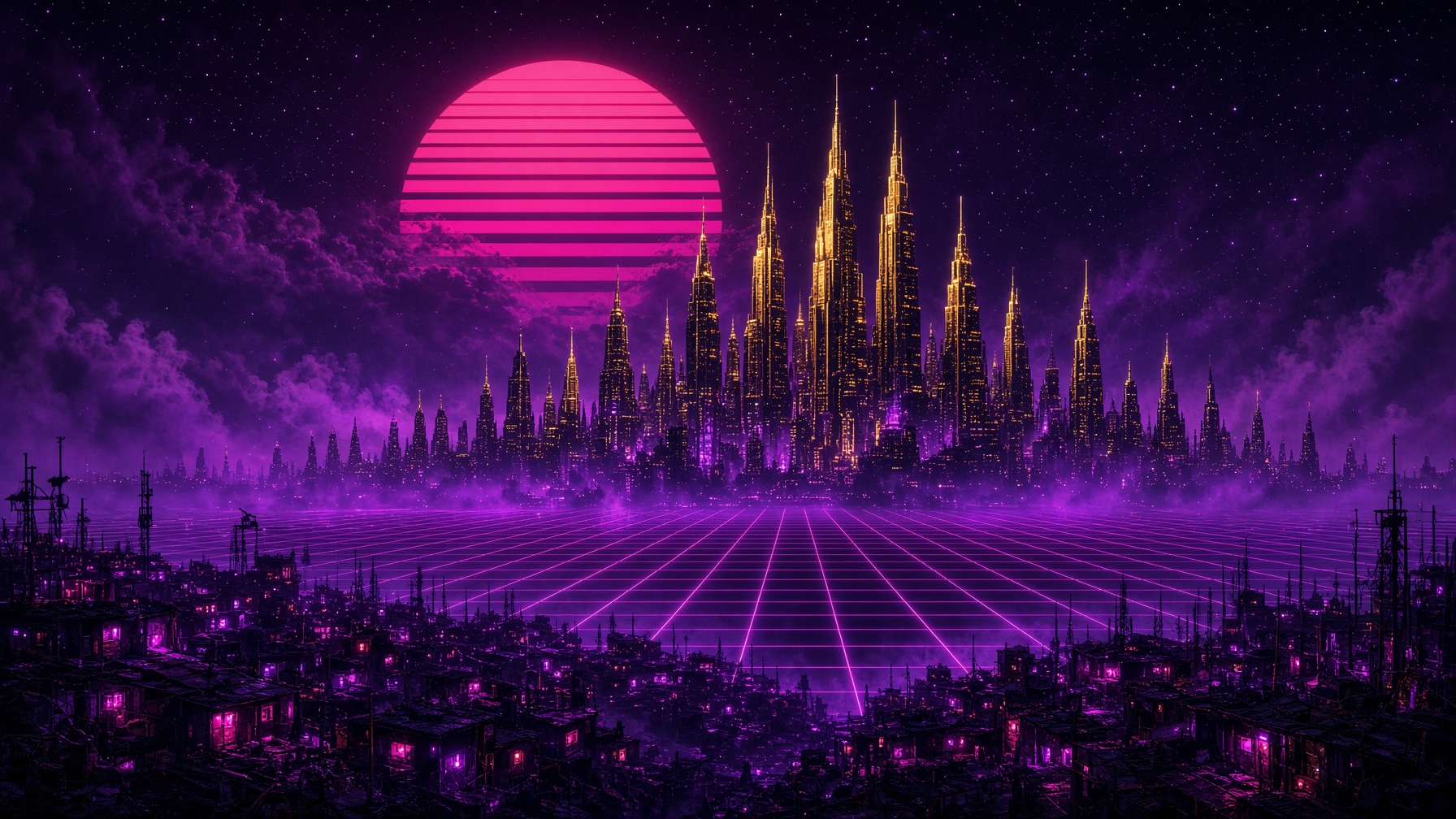 Vox City — gold spires over violet slums